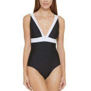 DKNY Plunging Colorblocked One-Piece Swimsuit Black White 8